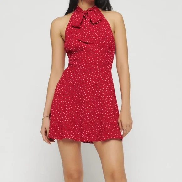 REFORMATION AYLANI TIE NECK MINIDRESS IN DITTY - Picture 1 of 4